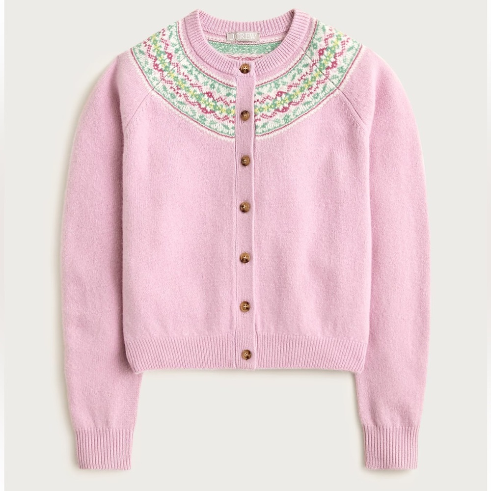 J. Crew. Women's 100% Lambs Wool Classic Fair Isle Pink cardigan Size XL